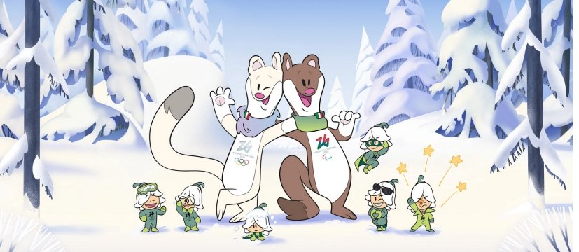 grafica che rappresenta due ermellini, uno bianco e uno marrone, attorniati da alcuni bucaneve, mascotte delle olimpiadi e paralimpiadi invernali di milano cortina 2026