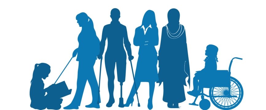 grafica con profili di donne con diversi ausili per la disabilità: carrozzina, bastone, protesi alla gamba, insieme a una donna con il velo, e una bambina al pc